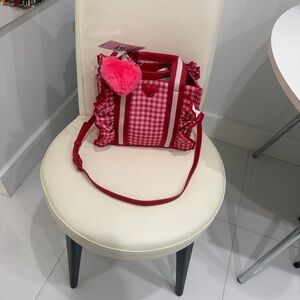 Betsey Johnson Red/Pink Checkered Print Crossbody Bag & Faux Fur Heart Charm
